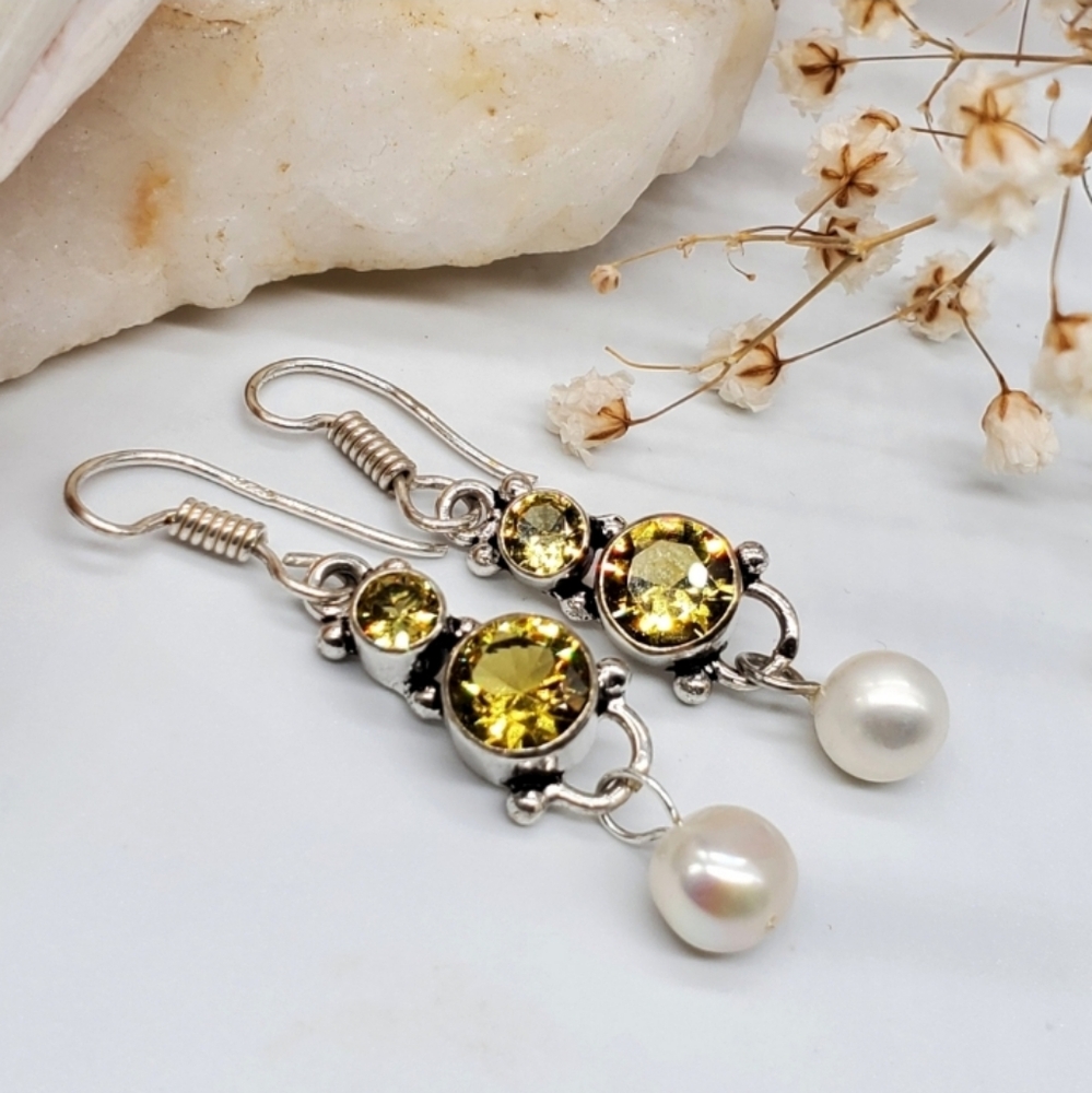 Natural Citrine Freshwater Natural Pearls Silver 925 Earrings Lightweigt